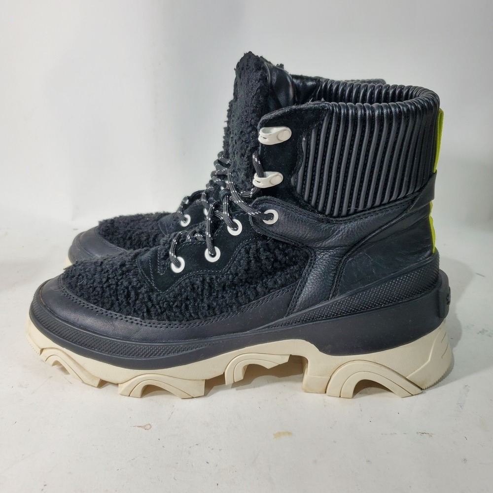 Sorel Boots Womens 9.5 Black White Shearling Brex Cozy Chunky Heel Lug Sole
